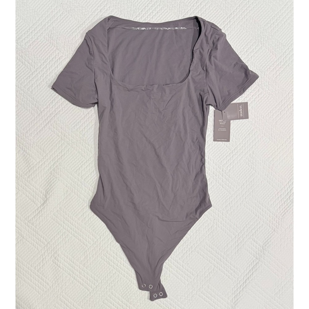 Auden Luxury Collection Women's Size Med NWT Mauve Gray Bodysuit Square Neck SS